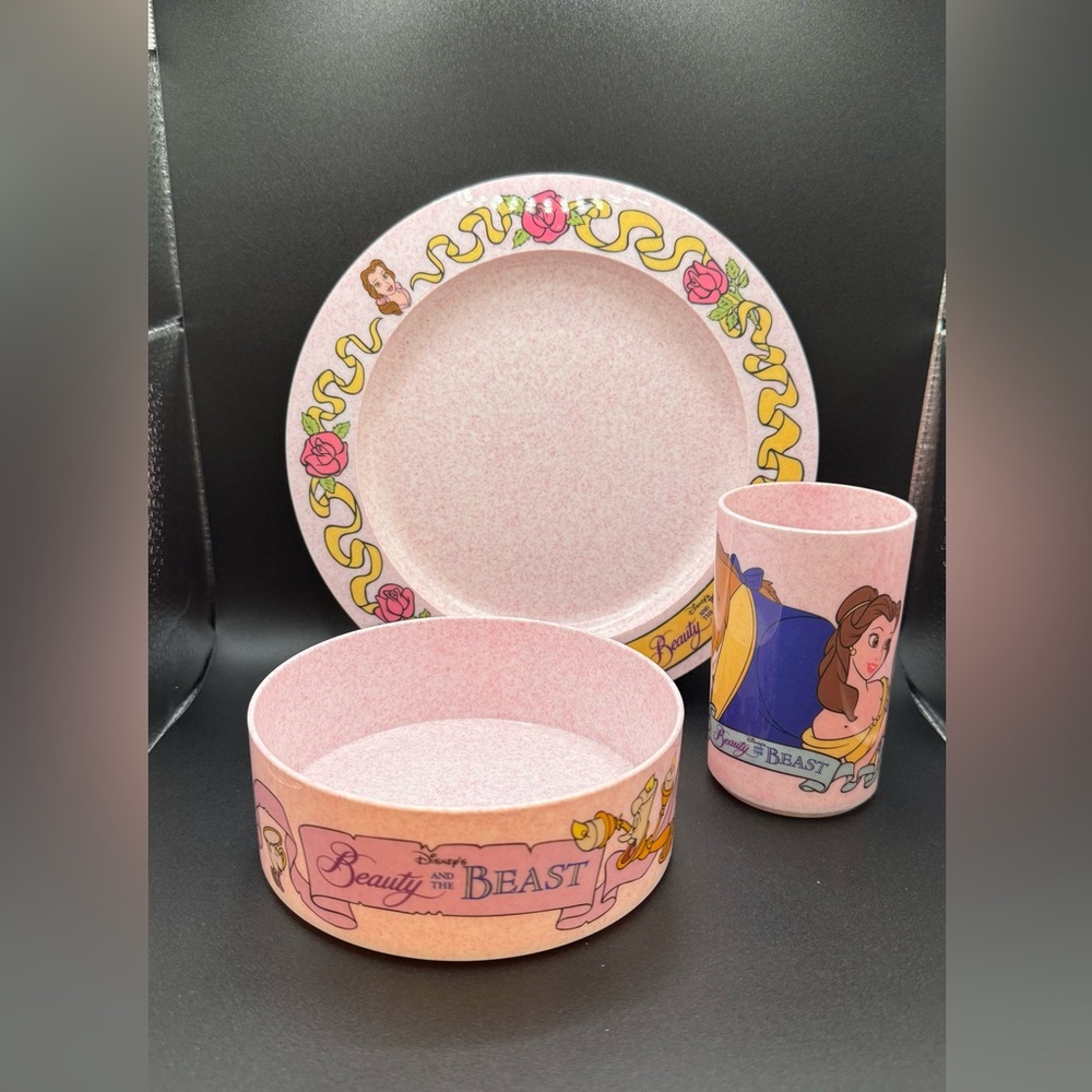 Vintage Disney Beauty and the Beast 3 Piece Dinnerware Set Plate Bowl & Tumbler